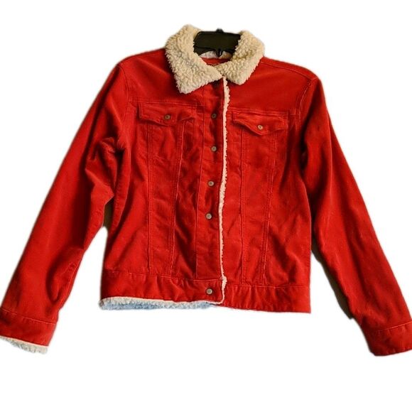 Retro Lazer Jeans Corduroy Jacket Medium Women Snap Buttons Red Sherpa Lined M - Picture 2 of 11